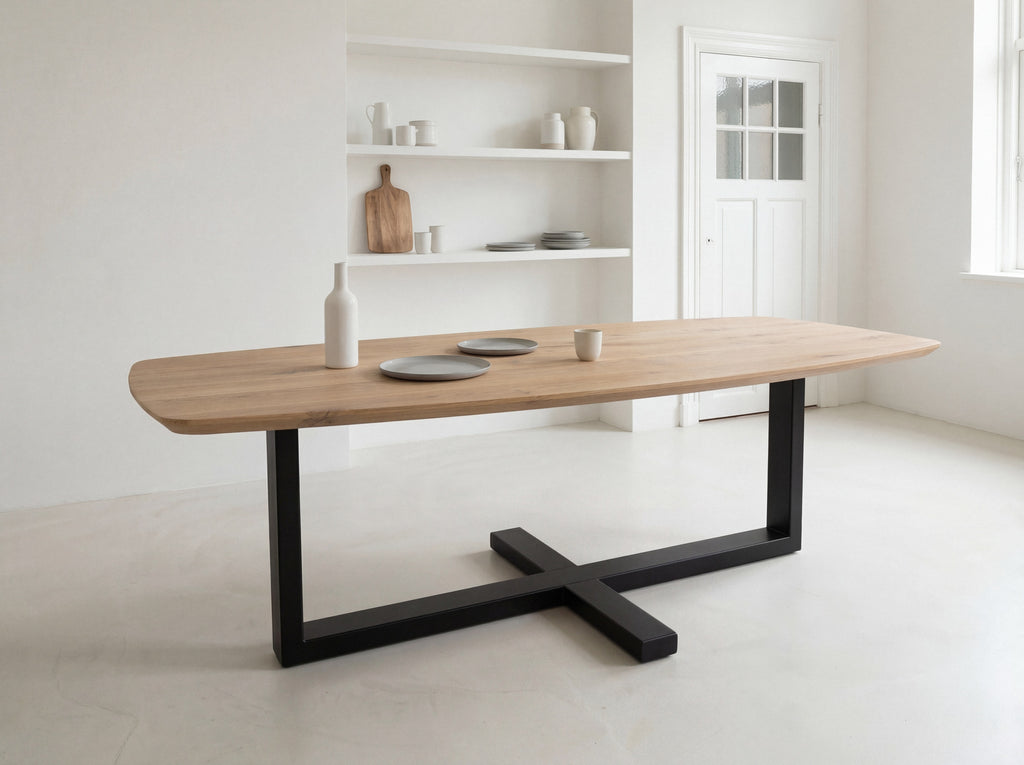 Eiken Deens Ovale Tafel met Metalen Plus-Poot | Scandinavisch Design ...