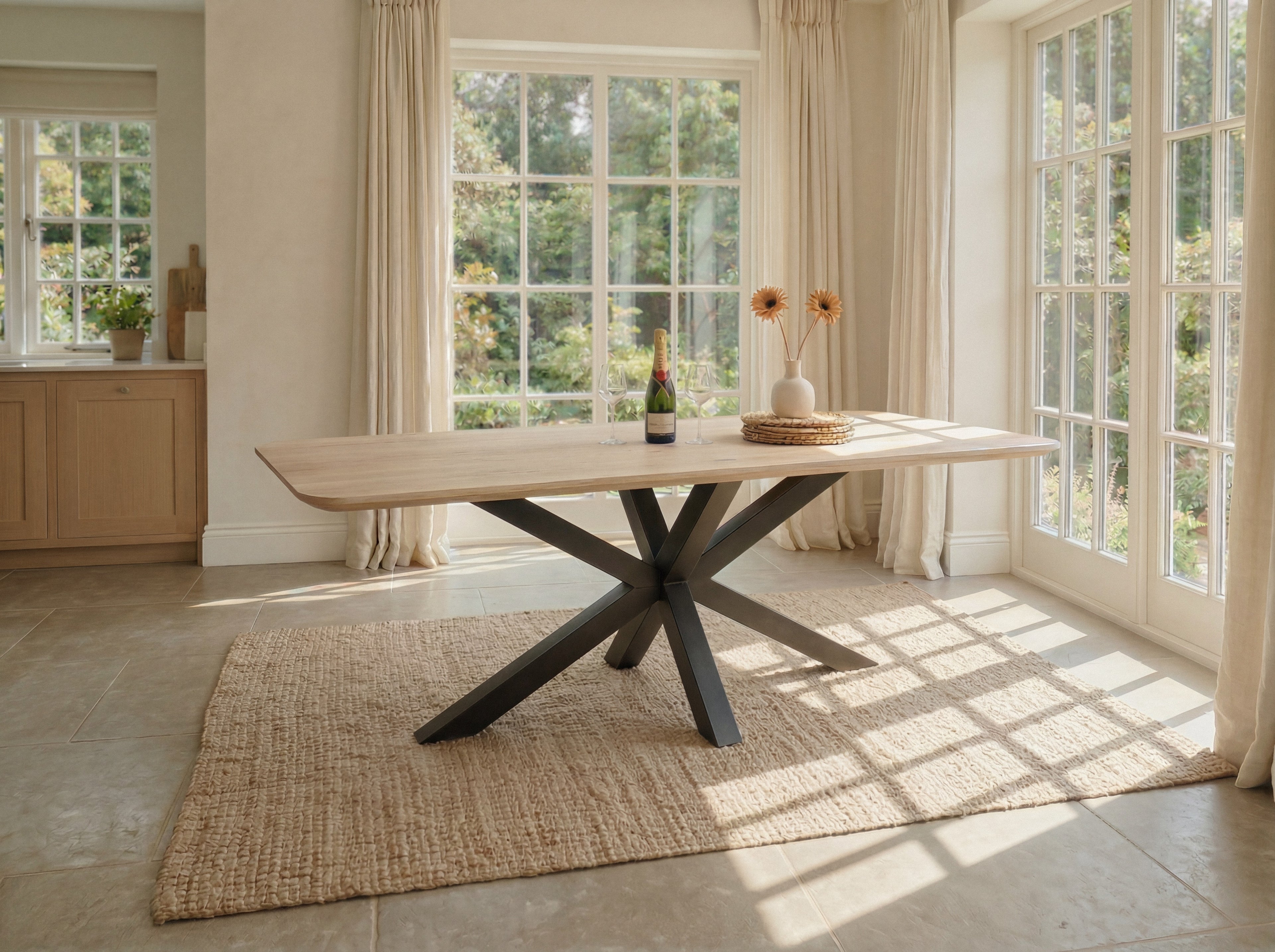 Rechte eiken eettafel Linnea ronde hoek
