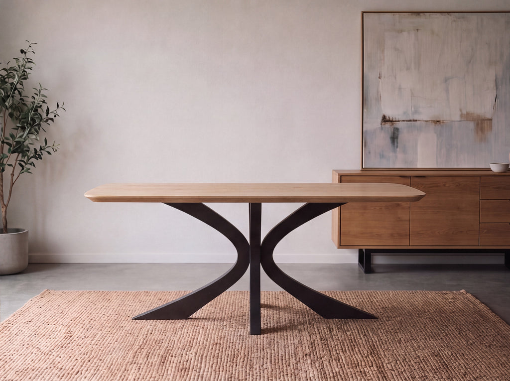 Rechte eiken eettafel Heide ronde hoek
