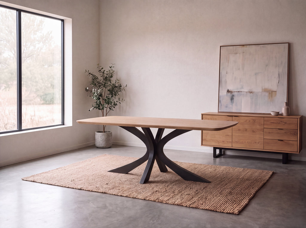 Rechte eiken eettafel Heide ronde hoek