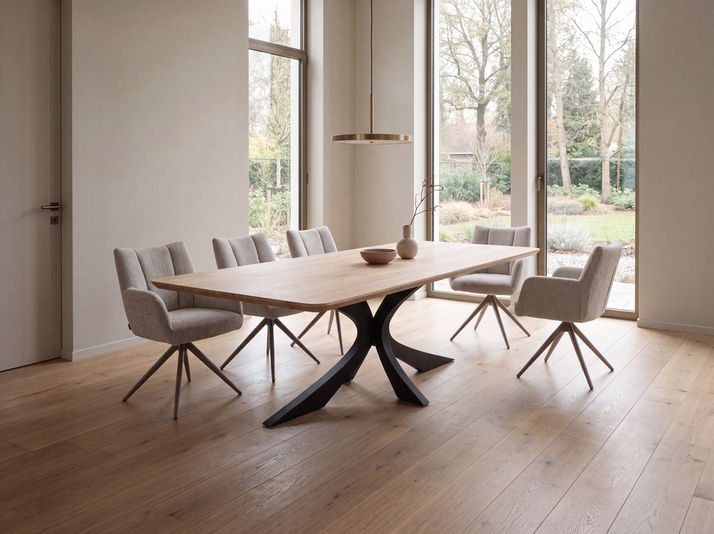Rechte eiken eettafel Heide ronde hoek