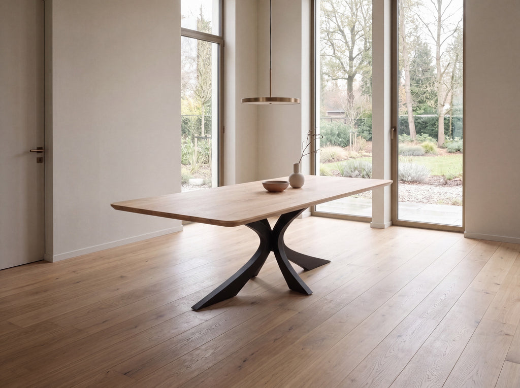 Rechte eiken eettafel Heide ronde hoek