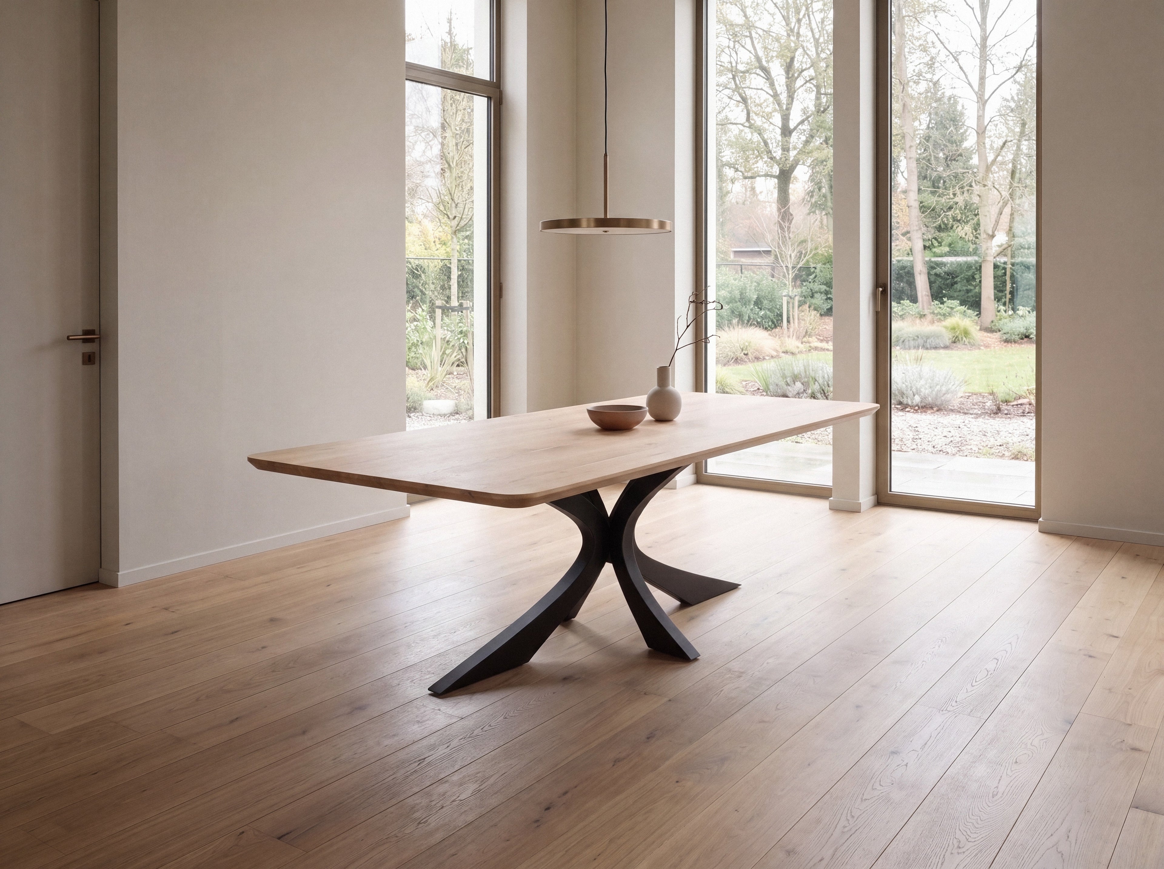 Rechte eiken eettafel Heide ronde hoek