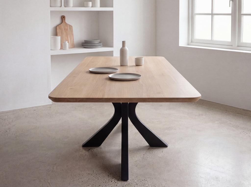 Rechte eiken eettafel Heide ronde hoek