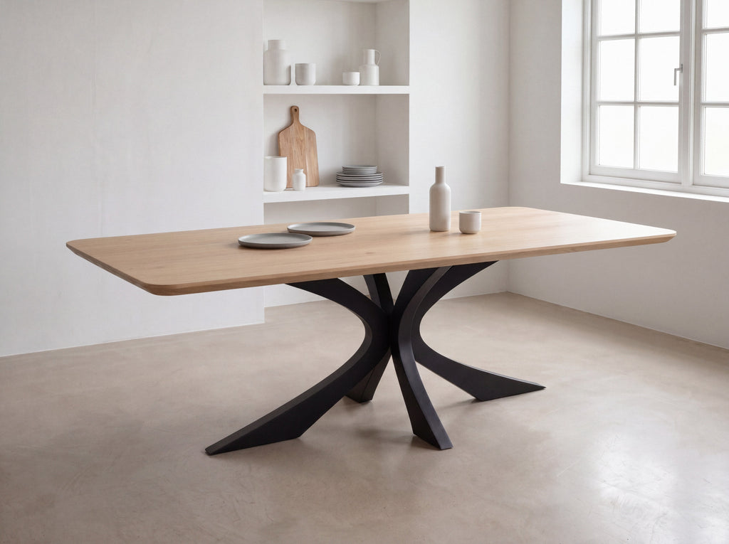 Rechte eiken eettafel Heide ronde hoek