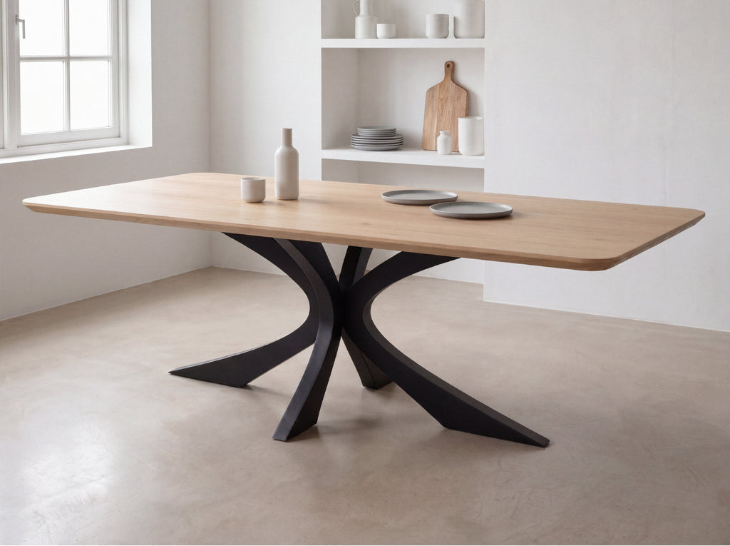 Rechte eiken eettafel Heide ronde hoek